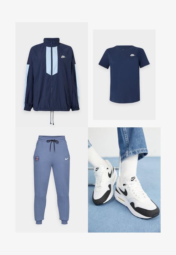 Granatowa kurtka przeciwwiatrowa z jasnoniebieskimi akcentami, wysoki kołnierz, pełny zamek z przodu oraz elastyczne mankiety. Logo Nike umieszczone na klatce piersiowej.; Granatowa bawełniana koszulka z okrągłym dekoltem, krótkimi rękawami i białym logo Nike na lewej piersi. Gładka faktura, prosty design.; Niebieskie dresy z bawełny z elastycznym pasem, czarnym sznurkiem, bocznymi kieszeniami, ściągaczami na nogawkach, z logo Paryża i znakiem swoosh Nike.; Sneakers Nike Air Max w kolorze białym i czarnym, z siateczkową cholewką, amortyzowaną podeszwą i charakterystycznymi akcentami z logo. Teksturowane detale w pobliżu podeszwy.