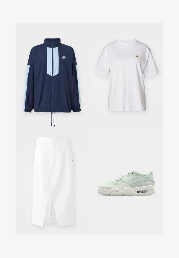 Casaco corta-vento azul-marinho com detalhes em azul claro, gola alta, fecho com zíper na frente e punhos elásticos. Logótipo da Nike destacado no peito.; T-shirt branca de algodão com um corte descontraído, mangas curtas e um pequeno logótipo bordado na área do peito esquerdo.; Saia midi de algodão branca com corte reto, fenda lateral e fecho zíper oculto. Textura suave, design minimalista e sem embellishments visíveis.; Sapatilha verde clara com uma mistura de couro liso e texturas de camurça, apresentando um colar acolchoado, atacadores e amortecimento de ar visível na sola.