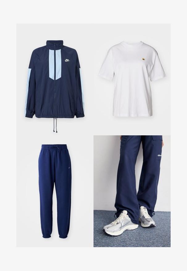 Marine vindjakke med lyseblå detaljer, høy krage, full frontlynned, og elastiske mansjetter. Nike-logoen er plassert på brystet.; Hvit bomulls t-skjorte med avslappet passform, korte ermer og en liten brodert logo på venstre brystområde.; Mørkeblå joggebukser laget av mykt stoff, med elastisk linning med snøring, elastiske mansjetter og en liten hvit logo.; Nike treningssko med sølvfarget mesh-overdel, hvite detaljer og teksturerte såler, kombinert med løse mørkeblå bukser.