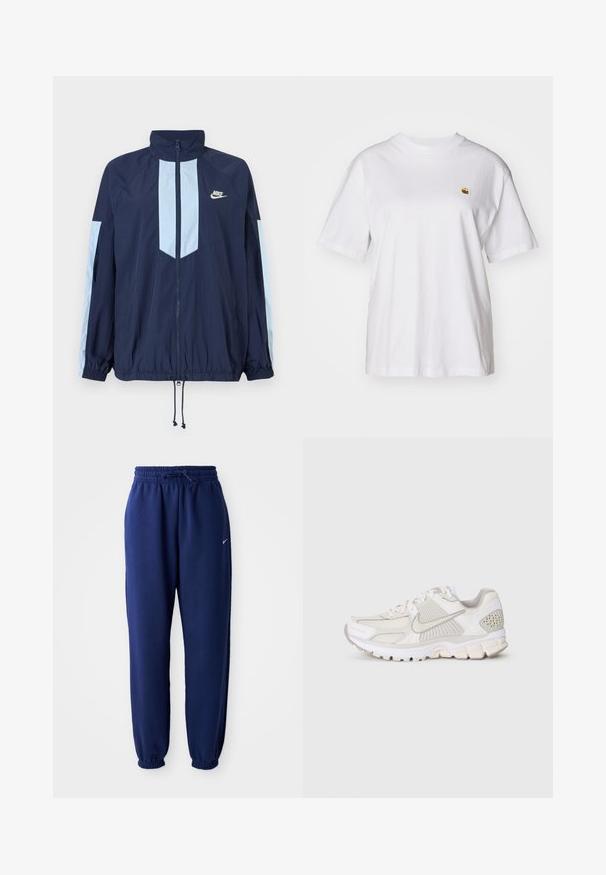 Casaco corta-vento azul-marinho com detalhes em azul claro, gola alta, fecho com zíper na frente e punhos elásticos. Logótipo da Nike destacado no peito.; T-shirt branca de algodão com um corte descontraído, mangas curtas e um pequeno logótipo bordado na área do peito esquerdo.; Calças de fato de treino azul marinho feitas de um tecido suave, com uma cintura elástica com cordão, punhos elásticos e um pequeno logótipo branco.; Sapatilha atlética branca com materiais em malha e sintéticos. Apresenta um design texturizado, colarinho almofadado e acentos geométricos no calcanhar.