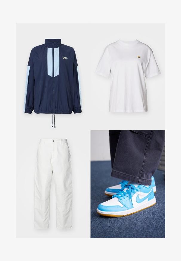 Casaco corta-vento azul-marinho com detalhes em azul claro, gola alta, fecho com zíper na frente e punhos elásticos. Logótipo da Nike destacado no peito.; T-shirt branca de algodão com um corte descontraído, mangas curtas e um pequeno logótipo bordado na área do peito esquerdo.; Calças cargo brancas feitas de denim, com um corte descontraído, bolsos laterais e detalhes de costura visíveis. Frente simples com fecho de botão.; Sapatilhas de pele azuis e brancas com sola de borracha, apresentando painéis texturizados e atacadores coordenados. Logótipo na lateral, costura de contraste discreta.