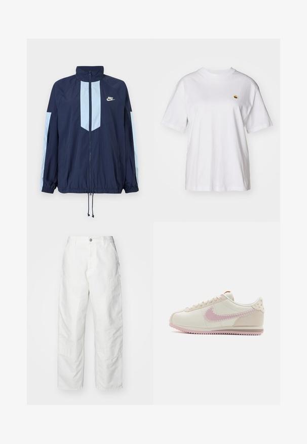 Námořnická větrovka s světle modrými akcenty, vysokým límcem, plným zipem a elastickými manžetami. Logo Nike je umístěno na hrudi.; Bílý bavlněný tričko s volným střihem, krátkými rukávy a malým vyšívaným logem na levé části hrudi.; Bílé cargo kalhoty vyrobené z denimu, s volným střihem, bočními kapsami a viditelnými švy. Hladký přední díl s knoflíkovým zapínáním.; Nike tenisky v krémové kůži s růžovými semišovými akcenty, s vykrojeným designem, plochými béžovými tkaničkami a texturovanou růžovou gumovou podrážkou.