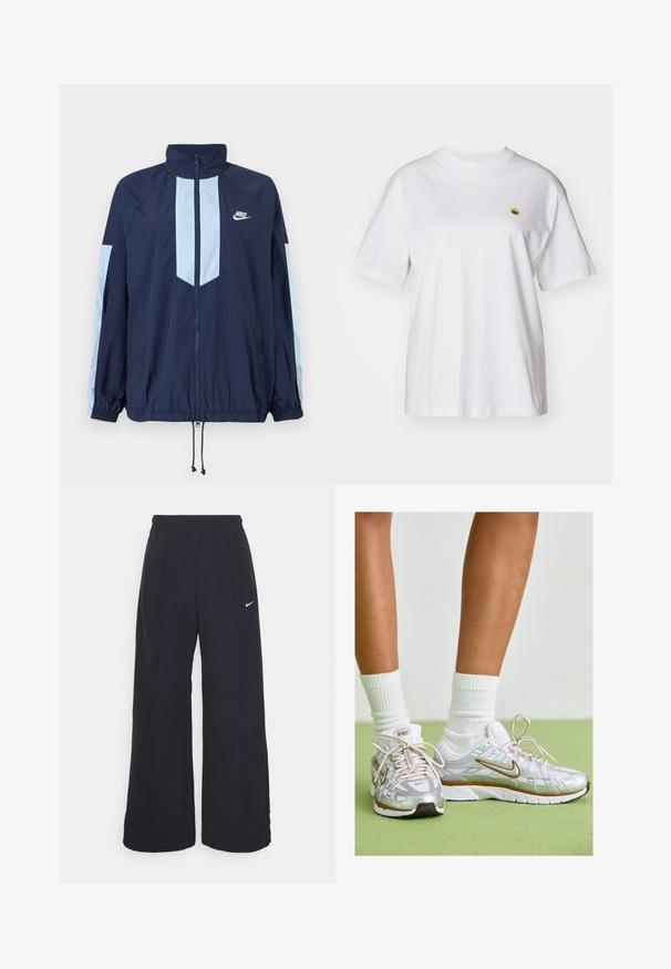 Marine vindjakke med lyseblå detaljer, høy krage, full frontlynned, og elastiske mansjetter. Nike-logoen er plassert på brystet.; Hvit bomulls t-skjorte med avslappet passform, korte ermer og en liten brodert logo på venstre brystområde.; Svarte vide bukser med elastisk linning og en liten hvit Nike-logo. Stoffet har en glatt tekstur, designet for komfort og uformell bruk.; Sølvsportssko med hvite og gullfarger, som har et mesh-overdel, gummisåle og en reflekterende finish. Sokker synlige over ankelen.