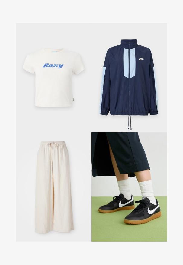 Tumesinise tuulejope helebeežide aktsentidega, kõrge kraega, täispika taljega ja elastsete mansettidega. Nike logo rinnal.; Valge puuvillane T-särk ringkaelusegoga, mille esiosas on suur sinine "Roxy" logo. Lühikesed varrukad, tavaline lõige.; Laiad, kreemja värviga püksid elastse vöökoha ja paelaga. Sile ja kerge lina kangas, ilma nähtavate mustrite või riistadega.; Mustad nahast ja sünteetilised sneekerid valge Nike logoga, kummist gumme, ümar nina ja mustad paelad. Näha ribakujulisi valgeid sokke.
