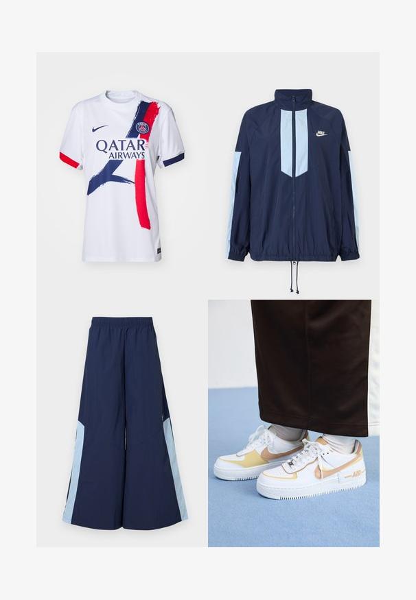 Tumesinise tuulejope helebeežide aktsentidega, kõrge kraega, täispika taljega ja elastsete mansettidega. Nike logo rinnal.; Valge spordijerseys, millel on punased ja sinised pintslitõmbega aktsendid. Omab ringkaelust ja lühikesi varrukaid ning trükitud logo kujundust rinnal.; Tumed laiad püksid elastse vöökoha ja helesiniste külgpaneelidega, millel on sile tekstuur. Disainitud mugavuseks ja liikumise lihtsuseks.; Valged nahast sneakers kuldsete detailidega, mis on varustatud aukudega varbaga, lapikute paeltega ja paksu kummitaldaga, millel on külgedel "AIR" logo.