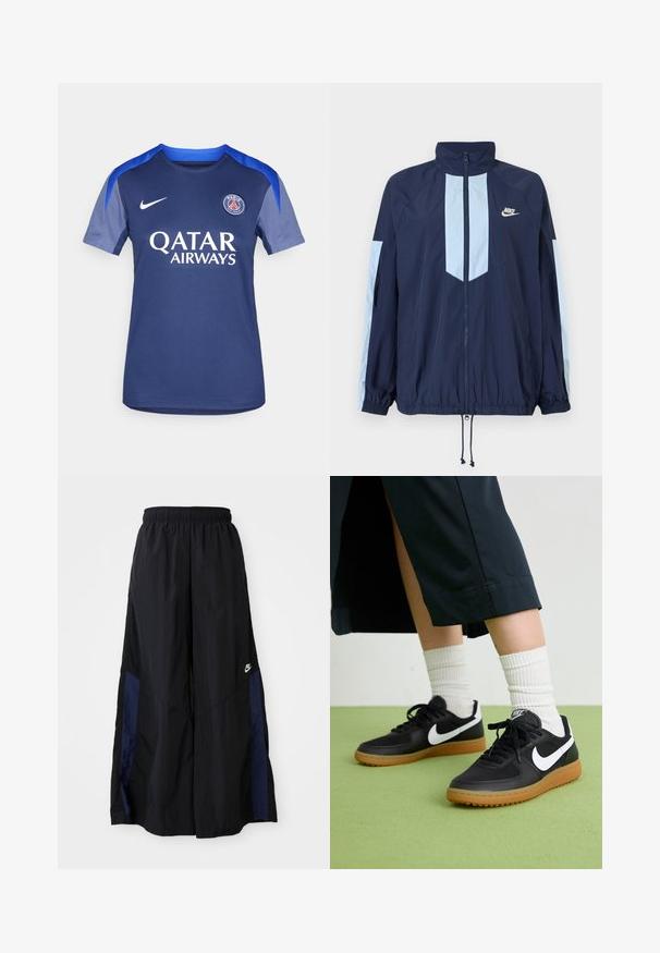 Mornarska jakna s laganim plavim detaljima, visokim ovratnikom, punim prednjim patentnim zatvaračem i elastičnim manžetama. Nikeov logo istaknut na prsima.; Tamno plavi Nike nogometni dres s okruglim izrezom, kratkim rukavima i sivoj akcentima. Ispisano "QATAR AIRWAYS" u bijeloj boji. Grb tima na prsima.; Crne hlače širokih nogavica izrađene od lagane tkanine, sa tamnoplavim bočnim panelom i elastičnom stražnjom trakom. Mali bijeli logo je na dnu.; Crne kožne i sintetičke tenisice s bijelim Nike swooshom, gumeni potplat, okrugli vrh i crne vezice. Vidljive rebraste bijele čarape.
