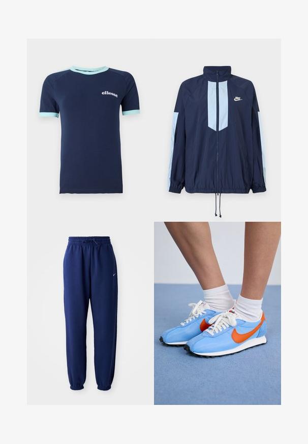 Jachetă de vânt navy cu accente albastre deschise, guler înalt, fermoar complet frontal și manșete elastice. Logo-ul Nike prezent pe piept.; Tricou bleu marin cu mânecă scurtă, fabricat din bumbac, având margini de culoare bleu deschis la guler și la mâneci, cu logo-ul alb "ellesse" pe față.; Pantaloni de sport bleumarin, confecționați dintr-un material moale, având o talie elastică cu șnur, manșete elastice și un mic logo alb.; Adidași din plasă albastră și suede cu accente portocalii și șireturi albe. Tălpică din cauciuc negru. Purtați cu șosete albe până la gleznă pe o suprafață albastră.