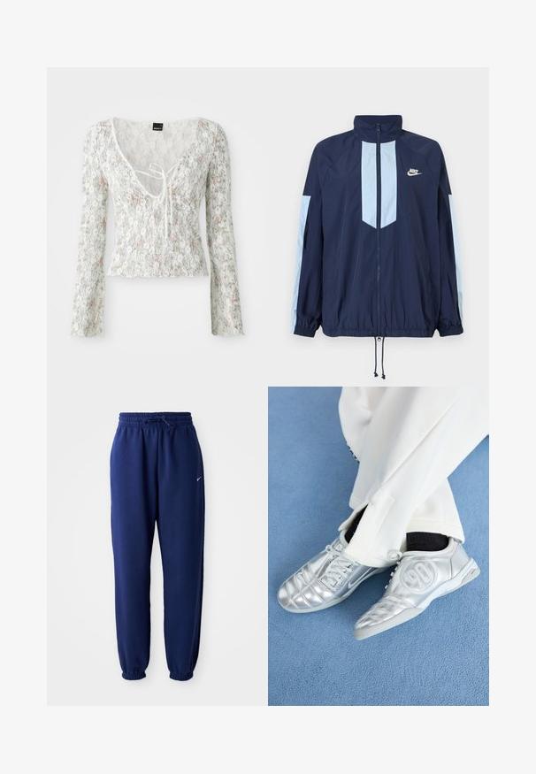 Jūras spēku vēja žakete ar gaiši ziliem akcentiem, augstu apkakli, pilnu priekšējo rāvējslēdzēju un elastīgām aprocēm. Uz krūtīm redzams Nike logo.; Balts mežģīņu tops ar garām piedurknēm, ziedu raksts gaiši rozā un zaļā krāsā, V veida kakla izgriezums ar sasaitē, viļņota apakšmala.; Navy zila sporta bikses, izgatavotas no mīksta auduma, ar elastīgu jostu ar auklu, elastīgiem piedurknēm un mazu balto logo.; Sudraba sporta apavi ar gludu, spīdīgu apdari, ar šūtu dizainu un numuru 90 sānos, apvienoti ar baltām biksēm.