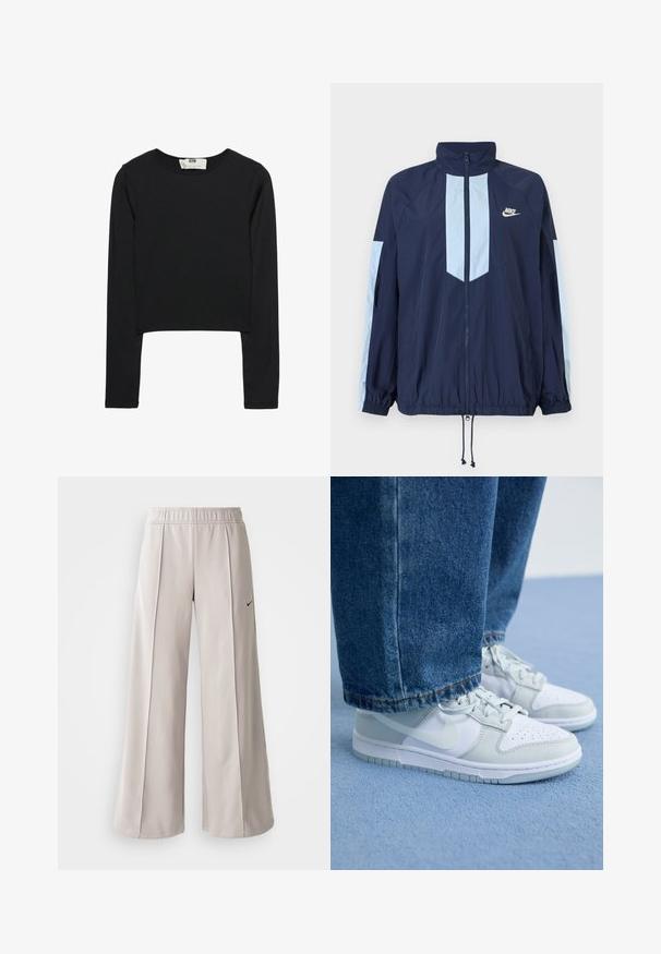 Marineblå vindjakke med lyseblå detaljer, høj krave, fuld frontlynlås og elastiske manchetter. Nike-logo på brystet.; Sort langærmet crop top lavet af letvægts stof, med rund halsudskæring og tætsiddende silhuet, med rene sømme og ingen udsmykninger.; Lys grå, vide bukser lavet af glat stof. Har et elastisk talje bånd og sort Nike-logo på venstre side.; Nike sneakers i hvidt og lysegråt læder med perforeret tå, flade snørebånd og gummisål, kombineret med blå denimjeans.