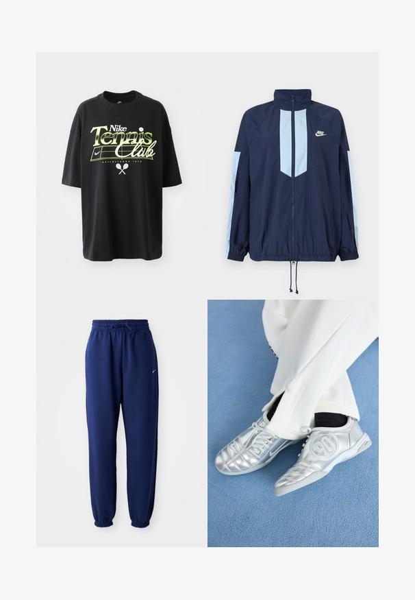 Casaco corta-vento azul-marinho com detalhes em azul claro, gola alta, fecho com zíper na frente e punhos elásticos. Logótipo da Nike destacado no peito.; T-shirt preta de algodão com mangas curtas, apresentando um gráfico em verde e branco "Nike Tennis Club", ilustrações de bola de ténis e raquete.; Calças de fato de treino azul marinho feitas de um tecido suave, com uma cintura elástica com cordão, punhos elásticos e um pequeno logótipo branco.; Tênis atléticos prateados com um acabamento liso e brilhante, apresentando um design costurado e o número 90 na lateral, combinados com calças brancas.