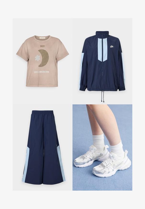 Chaleco cortavientos navy con acentos en azul claro, alto cuello, cremallera frontal completa y puños elásticos. Logo de Nike en el pecho.; Camiseta de algodón de manga corta en color topo con el texto "YIN", un gráfico de luna creciente y estrella en colores terrenales. Tiene un corte relajado.; Pantalones de pierna ancha azul marino con una cintura elástica, que cuentan con paneles laterales de color azul claro y una textura suave. Diseñados para la comodidad y la libertad de movimiento.; Zapatillas deportivas blancas con superposiciones de malla y sintéticas, con un logo plateado de Nike, acompañadas de calcetines blancos acanalados sobre una superficie azul.