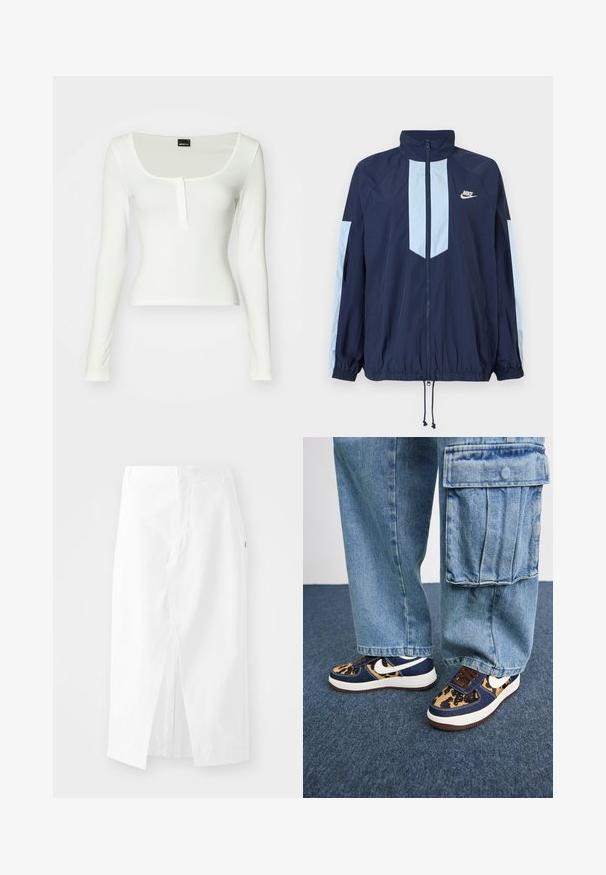 Marineblå vindjakke med lyseblå detaljer, høj krave, fuld frontlynlås og elastiske manchetter. Nike-logo på brystet.; Hvid langærmet bluse med en bådformet halsudskæring og en enkelt knaplukning. Fremstillet af glat stof med en tætsiddende silhuet og uden synlige mønstre.; Hvid midi-skjørt i bomuld med lige snit, sideslids og skjult lynlås. Glat tekstur, minimalistisk design og ingen synlige udsmykninger.; Marineblå sneakers med leopardprint-detaljer, hvid Nike swoosh, brune snørebånd og hvid mellemsål. Kombineret med lyse denim cargo-bukser.