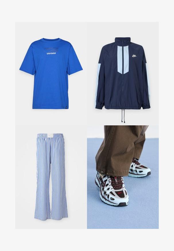 Námořnická větrovka s světle modrými akcenty, vysokým límcem, plným zipem a elastickými manžetami. Logo Nike je umístěno na hrudi.; Modré bavlněné tričko s kulatým výstřihem, krátkými rukávy a strukturovaným potiskem s nápisem "LONDON" na přední straně. Žádné vzory ani akcenty.; Modré a bílé pruhované kalhoty s volným střihem, vyrobené z lehkého materiálu, s elastickým pasem a diskrétní cedulkou s logem.; Tenisky Nike s bledě modrou a hnědou barevnou kombinací, vyrobené z prodyšného síťového a gumového materiálu, s kontrastními červenými akcenty a texturovanou podrážkou.