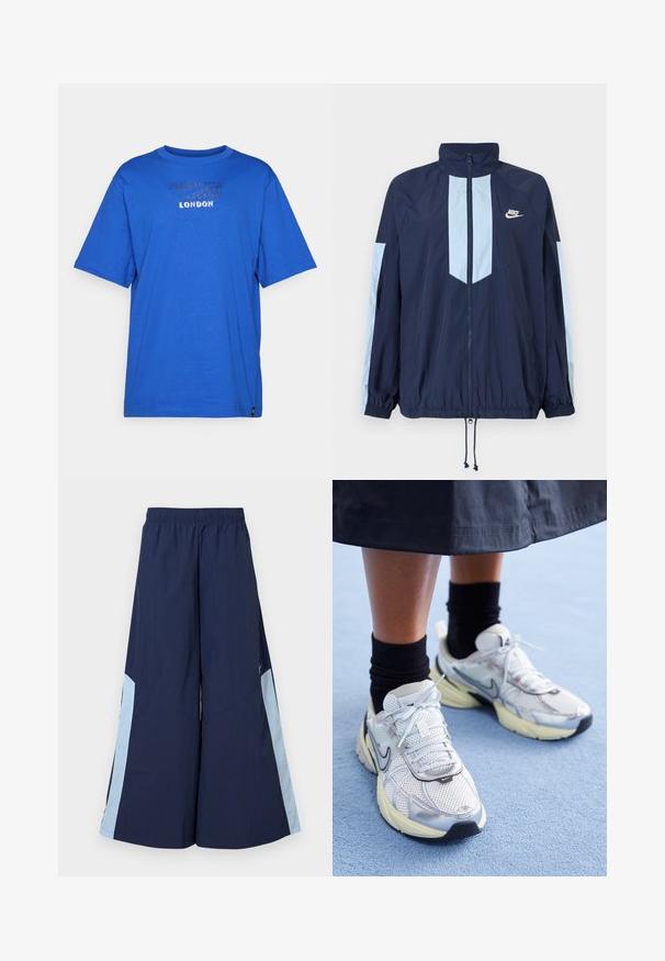 Casaco corta-vento azul-marinho com detalhes em azul claro, gola alta, fecho com zíper na frente e punhos elásticos. Logótipo da Nike destacado no peito.; T-shirt de algodão azul com gola redonda, mangas curtas e um estampado texturizado com "LONDRES" na frente. Sem padrões ou acabamentos.; Calças largas de marinha com cintura elástica, apresentando painéis laterais em azul claro e uma textura suave. Projetadas para conforto e facilidade de movimento.; Sapatilhas Nike brancas e prateadas com tecido em malha, detalhes refletivos e sola bege. Usadas com meias pretas, de pé sobre uma superfície azul.