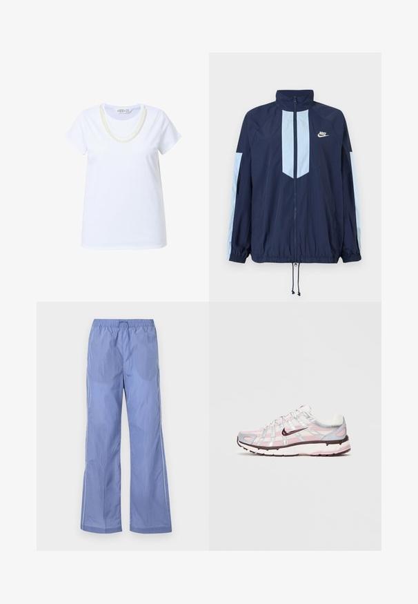 Marineblauer Windbreaker mit hellblauen Akzenten, hohem Kragen, durchgehendem Reißverschluss und elastischen Bündchen. Nike-Logo auf der Brust.; Weißes Baumwoll-T-Shirt mit kurzen Ärmeln, das ein Schichten-Perlenhalsketten-Design am Ausschnitt aufweist. Glatte Textur, normale Passform.; Blaue leichte Hose mit elastischem Bund, locker sitzend und mit seitlichen Paspeln. Hergestellt aus glattem, strapazierfähigem Material.; Weiße, rosa und silberne Nike P-6000 Sneaker mit Mesh-Obermaterial, reflektierenden Details und dunkel-lila Swoosh-Logo auf einem schlichten hellen Hintergrund.
