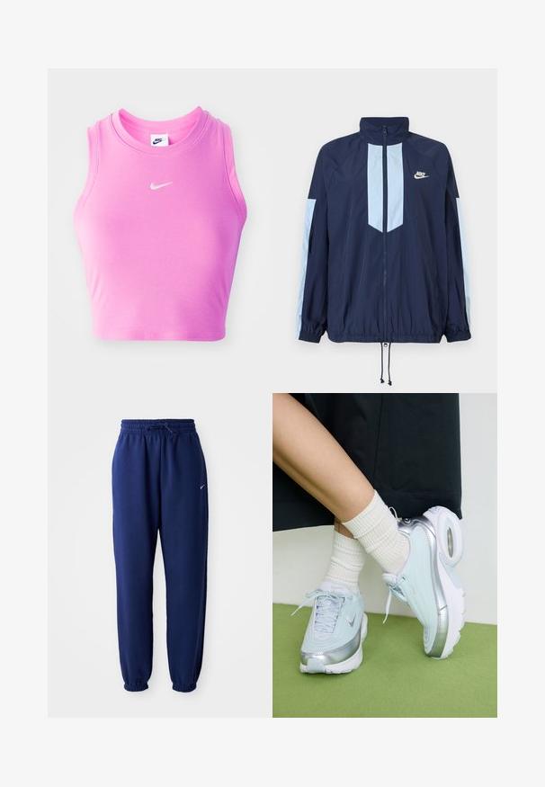 Tengerészeti szélálló kabát világoskék részletekkel, magas gallérral, teljes előlapi cipzárral és rugalmas mandzsettákkal. A Nike logo a mellrészen található.; Rózsaszín, ujjnélküli crop top, bordázott anyagból készült, kerek nyakkivágással és egy kis fehér Nike logóval az elején.; Navy kék sportnadrág puha anyagból, elasztikus derékpánttal és zsinórral, elasztikus mandzsettákkal és egy kis fehér logóval.; Világoskék sportcipő ezüst díszítésekkel, texturált felső résszel, párnázott talppal és látható levegő egységgel. Fehér bordázott zoknival párosítva.