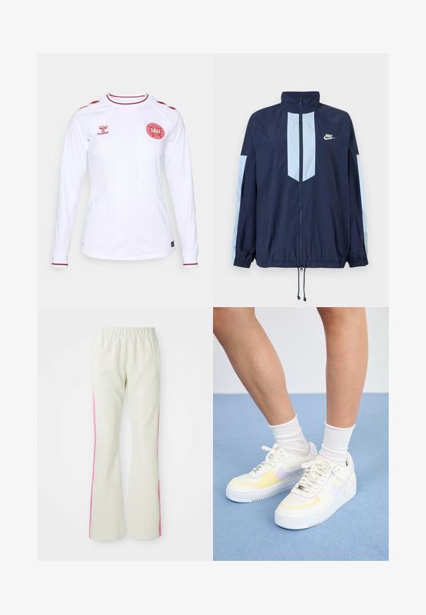Námořnická větrovka s světle modrými akcenty, vysokým límcem, plným zipem a elastickými manžetami. Logo Nike je umístěno na hrudi.; Bílý dlouhý rukáv svetr vyrobený z hladké látky, zdobený červenými akcenty na ramenou a límci, a s kruhovým červeným logem na hrudi.; Světlé béžové kalhoty s elastickým pasem, s růžovými bočními panely a postranními kapsami. Hladká textura s rovným střihem.; Bílé kožené tenisky s žlutými a levandulovými akcenty, kulatá špička, ploché šněrování a texturovaná gumová podrážka. Nosené s bílými ponožkami.