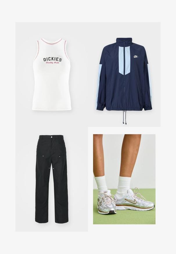 Navy windbreaker jacket with light blue accents, high collar, full front zipper, and elastic cuffs. Nike logo featured on the chest.; White sleeveless tank top with red and black "DICKIES Quality Made" text. Features contrasting red stitched trim and a classic fit.; Black trousers with a straight-leg design, made of a textured fabric. Features decorative silver hardware and unique seam detailing.; Silver athletic shoes with white and gold accents, featuring a mesh upper, rubber sole, and a reflective finish. Socks visible above ankle.
