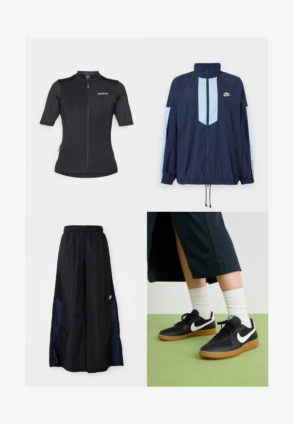 Mornarski vetrovka s svetlo modrimi poudarki, visokim ovratnikom, polnim sprednjim zadrgo in elastičnimi manšetami. Na prsih je prikazan Nike logo.; Črna kratka kolesarska majica s kratkimi rokavi z zadrgo spredaj, zračnega materiala in logotipom GripGrab na zgornji levi strani.; Črne široke hlače iz lahkega materiala, z morsko modrim stranskim panelom in elastičnim pasom. Majhna bela oznaka na dnu.; Črne usnjene in sintetične superge z belim Nike swooshom, gumo na podplatu, okroglo konico ter črnimi vezalkami. Vidne so rebraste bele nogavice.
