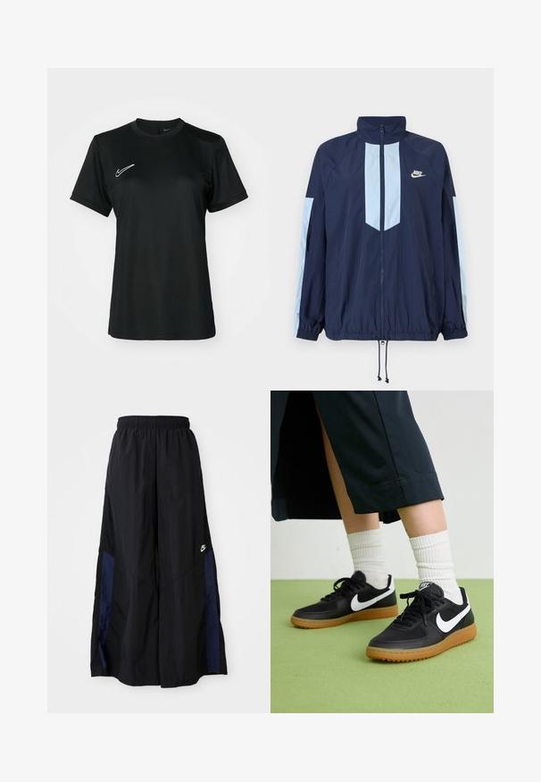 Mornarska jakna s laganim plavim detaljima, visokim ovratnikom, punim prednjim patentnim zatvaračem i elastičnim manžetama. Nikeov logo istaknut na prsima.; Crna kratka majica s kratkim rukavima za sport s okruglim izrezom. Sadrži bijeli Nike logo na gornjoj lijevoj strani. Glatka, lagana tkanina.; Crne hlače širokih nogavica izrađene od lagane tkanine, sa tamnoplavim bočnim panelom i elastičnom stražnjom trakom. Mali bijeli logo je na dnu.; Crne kožne i sintetičke tenisice s bijelim Nike swooshom, gumeni potplat, okrugli vrh i crne vezice. Vidljive rebraste bijele čarape.