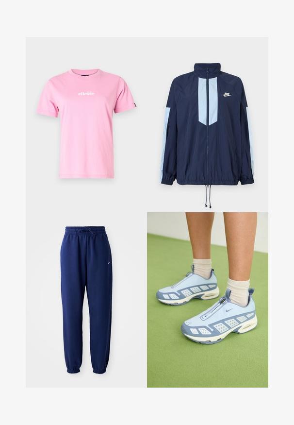 Mornarski vetrovka s svetlo modrimi poudarki, visokim ovratnikom, polnim sprednjim zadrgo in elastičnimi manšetami. Na prsih je prikazan Nike logo.; Roza bombažna majica s kratkimi rokavi, okroglim ovratnikom in belim logotipom, napisanem spredaj. Gladka tekstura, prilegajoča se oblika.; Temno modri trenirka hlače iz mehkega blaga, z elastičnim pasom in vrvico, elastičnimi manšeti ter majhnim belim logotipom.; Svetlo modre športne čevlje z belimi poudarki, teksturiranimi paneli in zadrgo. Vključujejo vidno zračno oblazinjenje v podplatu in gumijast podplat.