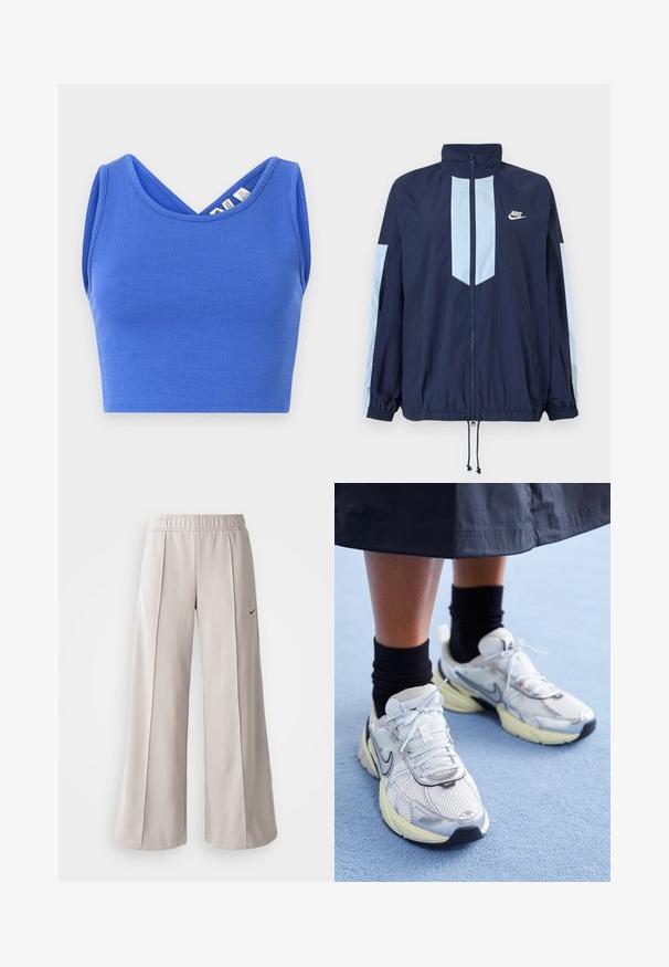 Navy windbreaker jacket with light blue accents, high collar, full front zipper, and elastic cuffs. Nike logo featured on the chest.; Blue cropped tank top made of textured material. Features a V-neck design and sleeveless cut with a fitted silhouette.; Light gray wide-leg pants made of smooth fabric. Features an elastic waistband and black Nike logo on the left side.; White and silver Nike sneakers with mesh fabric, reflective accents, and a beige sole. Worn with black socks, standing on a blue surface.
