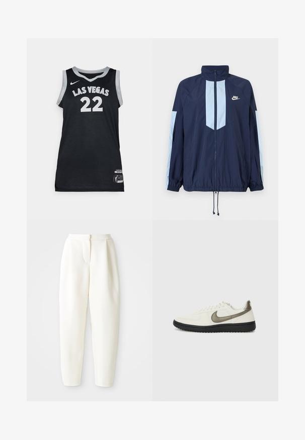 Casaco corta-vento azul-marinho com detalhes em azul claro, gola alta, fecho com zíper na frente e punhos elásticos. Logótipo da Nike destacado no peito.; Camisola de basquetebol preta com "LAS VEGAS" e o número "22" em branco. Feita em tecido em malha, apresenta detalhes em cinza e um rótulo na bainha.; Calças brancas de cintura alta e corte tapered com fecho frontal oculto e bolsos laterais, exibidas contra um fundo branco liso.; Nike Sportswear FIELD GENERAL - Sapatilhas - off-white/black