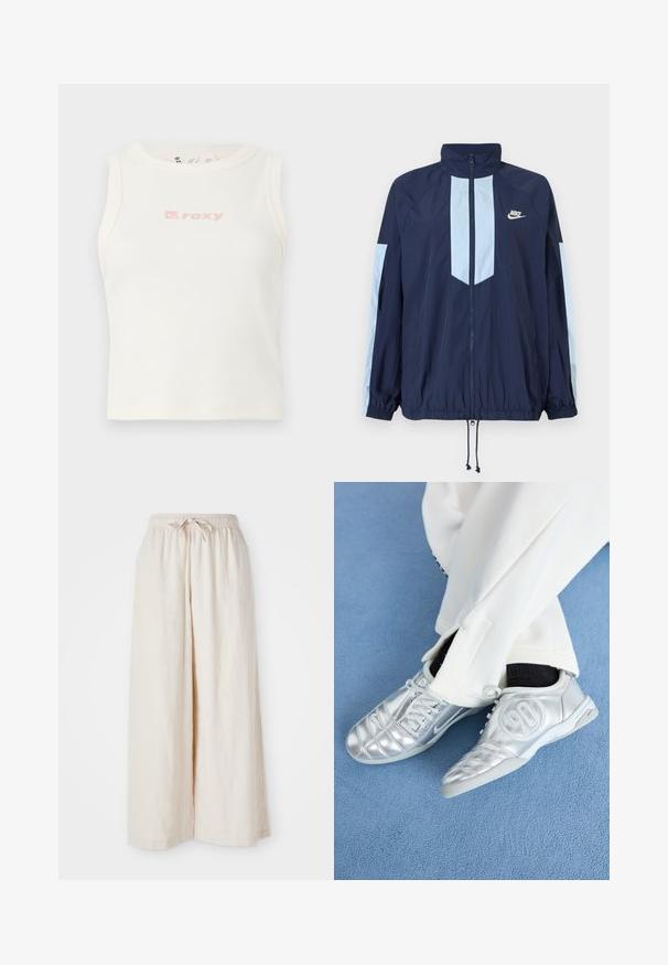 Navy windbreaker jacket with light blue accents, high collar, full front zipper, and elastic cuffs. Nike logo featured on the chest.; White ribbed tank top with a crew neckline and a small pink "Roxy" logo on the chest. Smooth texture, fitted design, no sleeves.; Wide-leg, cream-colored trousers with an elastic waistband and drawstring. Smooth, lightweight linen fabric, no visible patterns or hardware.; Silver athletic shoes with a smooth, shiny finish, featuring a stitched design and the number 90 on the side, paired with white pants.