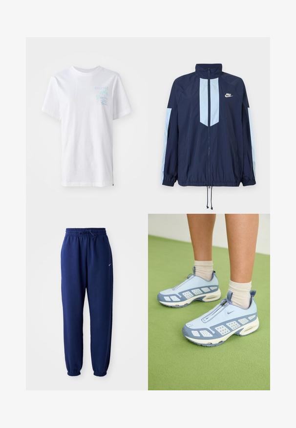 Marineblauwe windbreaker met lichtblauwe accenten, hoge kraag, volledige rits aan de voorkant en elastische manchetten. Nike-logo op de borst.; Witte katoenen t-shirt met korte mouwen, met een lichtblauwe grafische afbeelding van een palmboom en golven op de linkerborst.; Marineblauwe joggingbroek van zachte stof, met een elastische tailleband met trekkoord, elastische boorden en een klein wit logo.; Lichtblauwe sportieve schoenen met witte accenten, textuurpanelen en een ritsluiting. Voorzien van een zichtbare luchtkussenzool en een rubberen buitenzool.