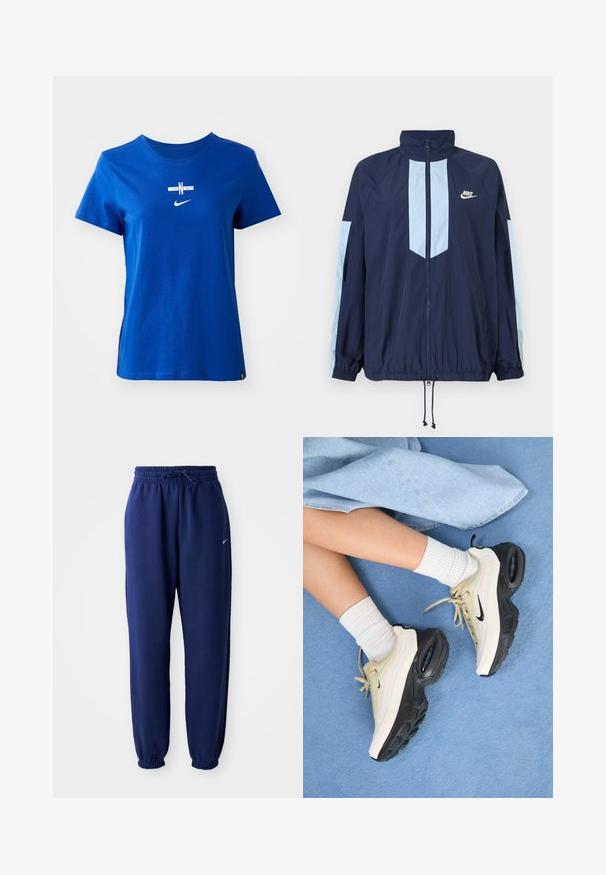 Casaco corta-vento azul-marinho com detalhes em azul claro, gola alta, fecho com zíper na frente e punhos elásticos. Logótipo da Nike destacado no peito.; T-shirt de algodão azul com decote redondo, mangas curtas e um logo branco da Nike juntamente com o texto "ENG" na frente.; Calças de fato de treino azul marinho feitas de um tecido suave, com uma cintura elástica com cordão, punhos elásticos e um pequeno logótipo branco.; Os ténis Nike Air Max apresentam um design em bege e preto, com um superior liso, amortecimento de ar visível e solas de borracha planas.