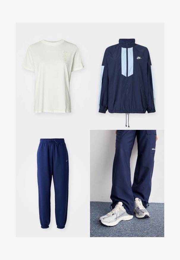 Giacca a vento navy con accenti azzurri, collo alto, zip frontale completa e polsini elasticizzati. Logo Nike presente sul petto.; T-shirt bianco in cotone con colletto rotondo, maniche corte e un sottile motivo floreale pastello sulla parte anteriore. Tessuto morbido, vestibilità rilassata.; Pantaloni della tuta blu navy realizzati in tessuto morbido, con vita elasticizzata regolabile tramite cordino, polsini elasticizzati e un piccolo logo bianco.; Scarpe da ginnastica Nike con una tomaia in rete argentata, dettagli bianchi e suole testurizzate, abbinate a pantaloni larghi blu navy.