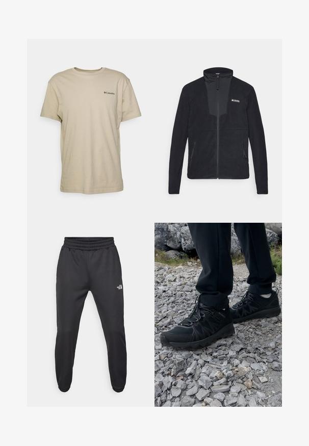 Schwarze Fleece-Jacke mit durchgehendem Reißverschluss, Stehkragen, seitlichen Reißverschlusstaschen und weißem Columbia-Logo auf der linken Brust.; Beige Baumwoll-T-Shirt mit kurzen Ärmeln, Rundhalsausschnitt und einem kleinen schwarzen Logo auf der linken Brustseite. Glatte Textur, lässiges Design.; Schwarze Jogginghose mit verstellbarem Bund, schlanker Passform, elastischen Bündchen und einem kleinen weißen Logo am linken Oberschenkel, hergestellt aus glattem Stoff.; Schwarze Outdoor-Schuhe aus Mesh und synthetischem Material, mit einer strukturierten Oberseite, gesichertem Schnürsystem und griffiger Laufsohle, auf felsigem Gelände.