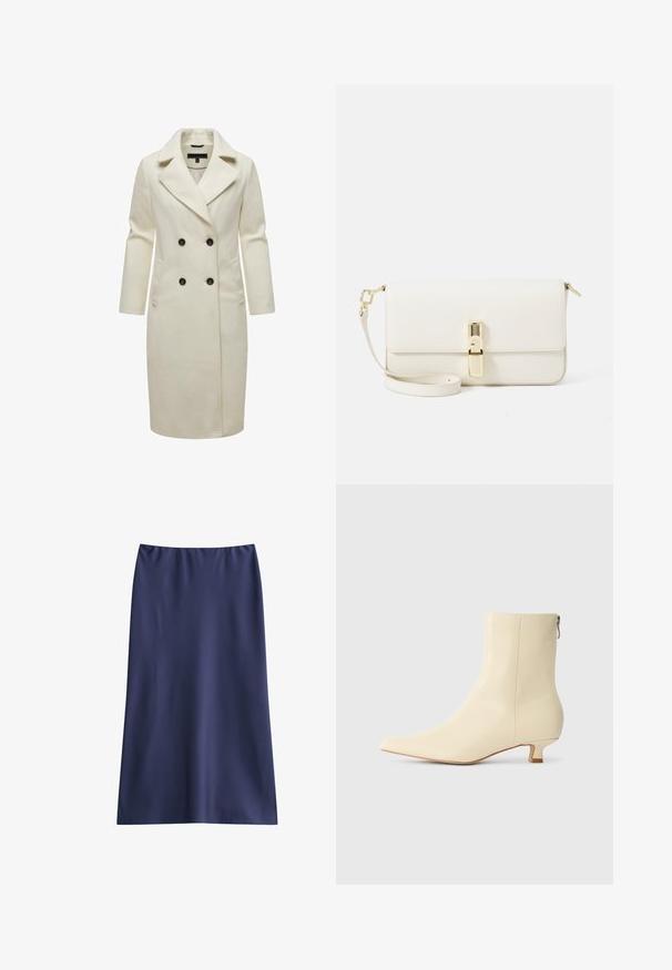 Crème-kleurige dubbele breasted jas van zachte stof, met een notch-kraag, twee voorzakken en zwarte knopen.; Marineblauwe gebreide trui met een kabelpatroon, ronde halslijn en geribbelde boorden en zoom; klein geborduurd logo op de borst.; Witte lange mouwen button-up shirt met een puntige kraag en een ronde zoom, gepresenteerd tegen een effen achtergrond.; Marineblauwe knie-lange rok van soepel materiaal, met een eenvoudig, recht ontwerp en een elastische tailleband zonder zichtbare sluitingen.; Beige enkellaars van glad leer, met een spits toelopende neus, een korte blokhak en een ritssluiting aan de zijkant voor gemakkelijk aan- en uittrekken.; Witte leren schoudertas met een gestructureerde afwerking, rechthoekige vorm, gouden slot en een afneembare strap.