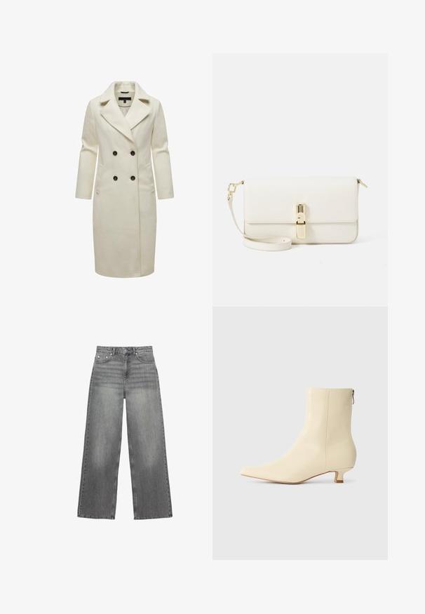 Helle, doppelreihige Jacke aus weichem Stoff, mit Reverskragen, zwei vorderen Taschen und schwarzen Knöpfen.; Marineblauer gestrickter Pullover mit Zopfmuster, rundem Ausschnitt sowie gerippten Bündchen an Ärmeln und Saum; kleines gesticktes Logo auf der Brust.; Weißes Langarm-Hemd mit Knopfleiste, spitzen Kragen und abgerundetem Saum, vor einem schlichten Hintergrund präsentiert.; Graue weite Jeans aus Denim, mit einem mittelhohen Bund, fünf Taschen und subtiler Ausbleichung an den Beinen.; Spitz zulaufende Knöchelstiefel aus cremfarbigem Leder mit glatter Oberfläche, ausgestattet mit einem kleinen Blockabsatz und einem seitlichen Reißverschluss für den Verschluss.; Weiße Leder-Crossbody-Tasche mit strukturiertem Finish, rechteckiger Form, goldfarbenem Hardware-Verschluss und abnehmbarem Riemen.