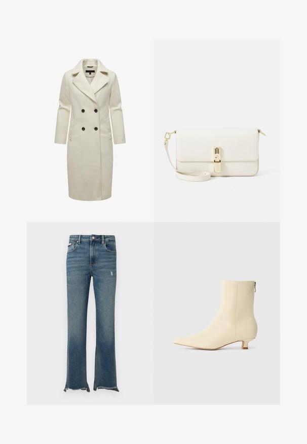Cappotto doppiopetto color crema realizzato in un tessuto morbido, caratterizzato da un colletto a punta, due tasche frontali e bottoni neri.; Maglione blu navy lavorato a maglia con motivo a trecce, scollo rotondo e polsini e orlo a coste; piccolo logo ricamato sul petto.; Camicia bianca a maniche lunghe con colletto a punta e orlo curvo, esposta su uno sfondo semplice.; Jeans di denim blu con leggeri segni di usura, orli grezzi sfrangiati, tasche frontali, passanti per cintura e chiusura con bottone.; Stivaletto beige in pelle liscia, punta affusolata, tacco basso a blocco e dettaglio con zip laterale per una calzata facile.; Borsa a tracolla bianca in pelle con finitura testurizzata, forma rettangolare, chiusura in metallo dorato e tracolla removibile.