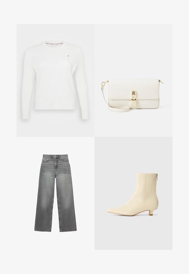 Helle, doppelreihige Jacke aus weichem Stoff, mit Reverskragen, zwei vorderen Taschen und schwarzen Knöpfen.; Weißer gestrickter Pullover mit strukturiertem Diamantmuster, rundem Halsausschnitt und langen Ärmeln. Kleines Logo-Detail auf der Brust.; Weißes Langarm-Hemd mit Knopfleiste, spitzen Kragen und abgerundetem Saum, vor einem schlichten Hintergrund präsentiert.; Graue weite Jeans aus Denim, mit einem mittelhohen Bund, fünf Taschen und subtiler Ausbleichung an den Beinen.; Spitz zulaufende Knöchelstiefel aus cremfarbigem Leder mit glatter Oberfläche, ausgestattet mit einem kleinen Blockabsatz und einem seitlichen Reißverschluss für den Verschluss.; Weiße Leder-Crossbody-Tasche mit strukturiertem Finish, rechteckiger Form, goldfarbenem Hardware-Verschluss und abnehmbarem Riemen.