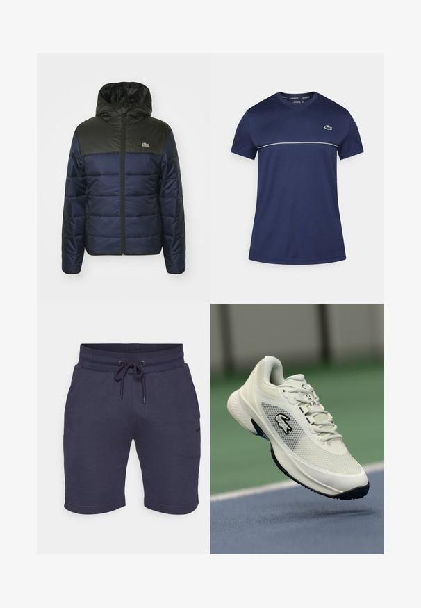Jūras zila izolētā jaka ar melnu augšdaļu un pievienotu kapuci, kam ir rāvējslēdzējs un horizontālas šuvju raksti.; Tumši zila īsām piedurknēm T-krekls ar apaļu kakla izgriezumu, uz tā ir balta horizontāla svītra un zaļš krokodila logotips kreisajā krūšu pusē.; Jūras zila šorti, kas izgatavoti no mīksta auduma, ar elastīgu jostasvietu un auklu, sānu kabatām un diskrētu logotipa detaļu uz kājas.; Balti sporta apavi ar sieta materiāla augšpusi, melniem akcentiem, teksturētu zoli un izteiktu logo sānos, attēloti pret sporta laukuma fonu.