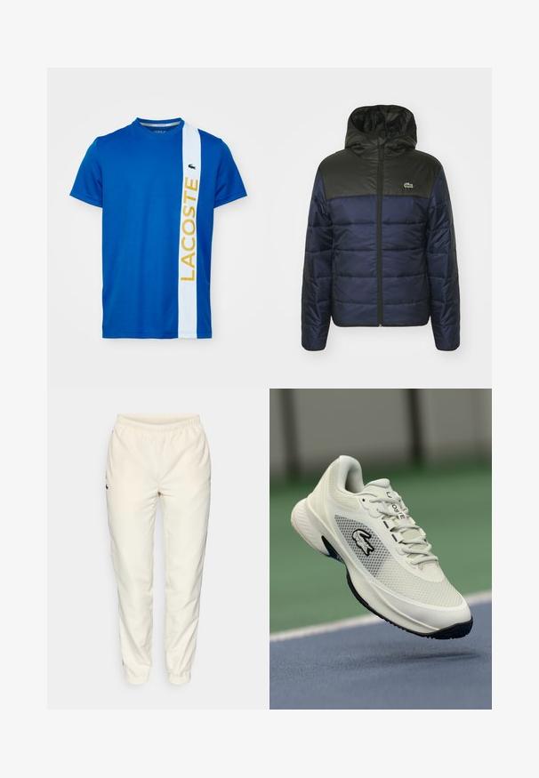 Jūras zila izolētā jaka ar melnu augšdaļu un pievienotu kapuci, kam ir rāvējslēdzējs un horizontālas šuvju raksti.; Zils īsām piedurknēm T-kreklis, izgatavots no gludas auduma, ar baltu vertikālu svītru un dzelteno tekstu "LACOSTE" un logotipu uz krūtīm.; Krēma krāsas sporta bikses ar elastīgu jostu, sašaurinātiem diegiem un mazu tumši zaļu logotipu kreisajā pusē. Gluda, viegla auduma.; Balti sporta apavi ar sieta materiāla augšpusi, melniem akcentiem, teksturētu zoli un izteiktu logo sānos, attēloti pret sporta laukuma fonu.