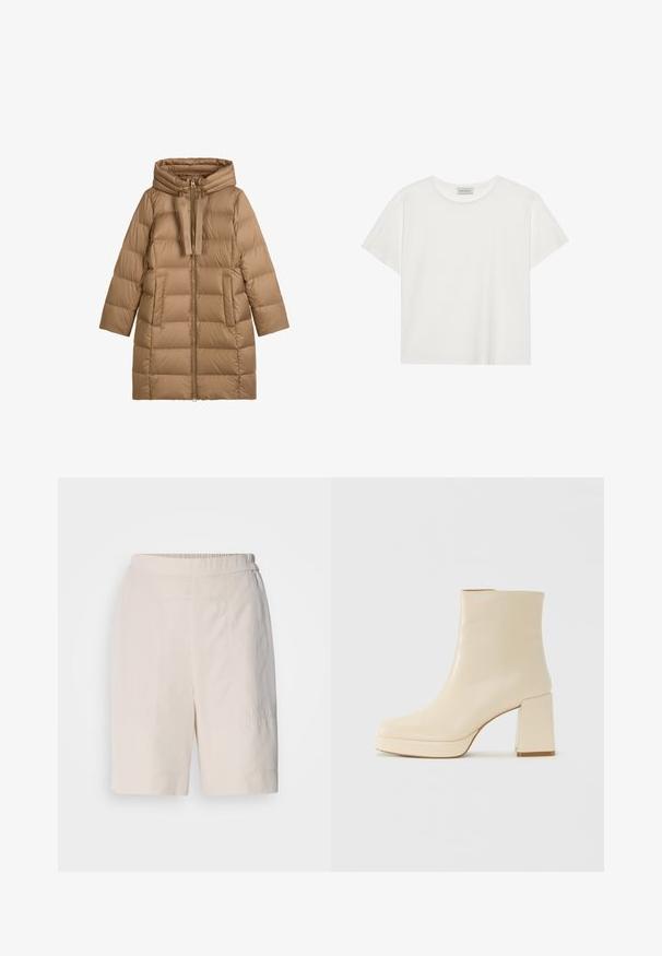 Brown puffer coat with a hood, featuring a zip front, large pockets, and quilted squares. Smooth, lightweight material with a matte finish.; White short-sleeve T-shirt made of soft cotton. Features a round neckline and relaxed fit. Clean design with no visible patterns or accents.; Cream-colored shorts with a relaxed fit, featuring a flat front, elastic waistband, and subtle stitching details on the sides.; Beige leather ankle boot with block heel and platform sole, smooth finish, and slightly squared toe facing left on white background.