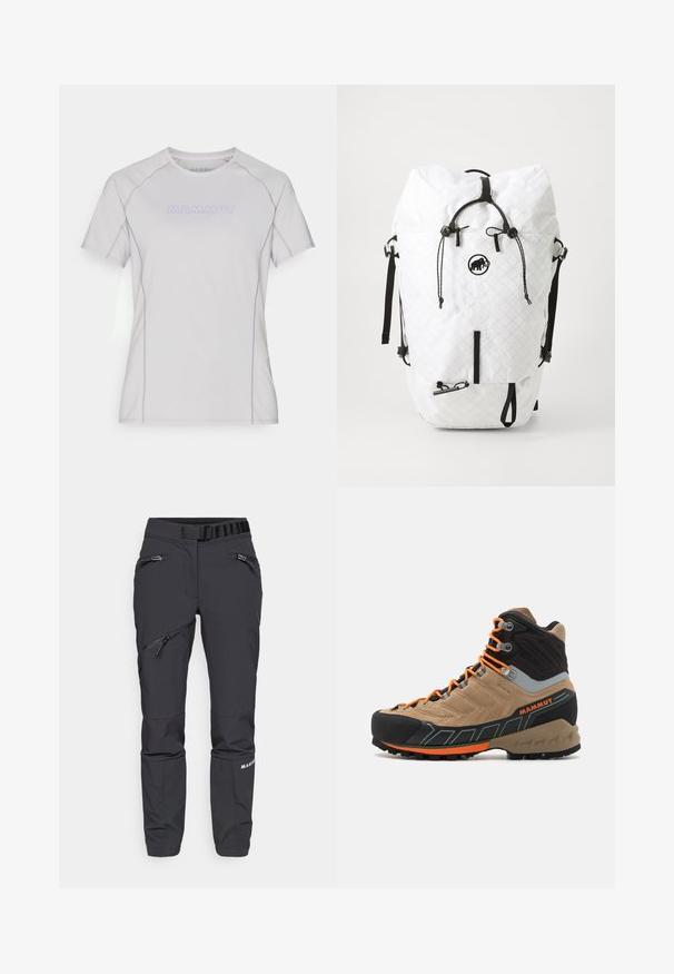 Oranž kerge jope kapuutsiga, millel on ruuduline tekstuur, tõmblukkudega taskud ja valge bränding. Sile materjal ja sportlik disain.; Helehall särgis, lühikeste varrukatega, ümmarguse kaelusega, millel on lillakaid aktsente ja esiosal logo 'MAMMUT'. Pehme ja sile kangas.; Mustad musta pehmea seelikuga püksid, millel on kitsas lõige, lukuga taskud, elastne vöökoht ja tekstureeritud alumine jala paneel. Vastupidav materjal välistingimustes kasutamiseks.; Bež ja must kõrge varbaga matkasaapad oranži paeltega, kummist varbakattega, tekstuuriga ülaservaga ja robustse tallaga. Omab tugevdatud pahkluutoetust.; Valge seljakott, valmistatud tikitud materjalist mustade aktsentidega. Omab reguleeritavaid rihmasid, rullitavat sulgemist ja esimest lukuga taskut.