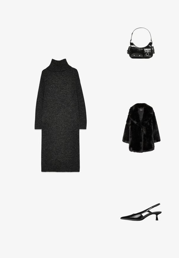 Czarny płaszcz z futra ekologicznego z szerokim kołnierzem i długimi rękawami, zaprojektowany dla ciepła i stylu, wyeksponowany na białym tle.; Czarna, szara dziana sukienka z golfem, w luźnym fasonie, z długimi rękawami i teksturowanym wykończeniem. Posiada prążkowany kołnierz i dół.; Czarne lakierowane czółenka na odkrytej pięcie z wąskim noskiem, z wykrojem po bokach i małym kwadratowym obcasem. Gładka faktura z minimalnymi akcentami.; Czarna torebka z lakierowanej skóry o zaokrąglonym kształcie, z jednym paskiem na ramię, przednimi kieszeniami i akcentami w kolorze srebrnym.