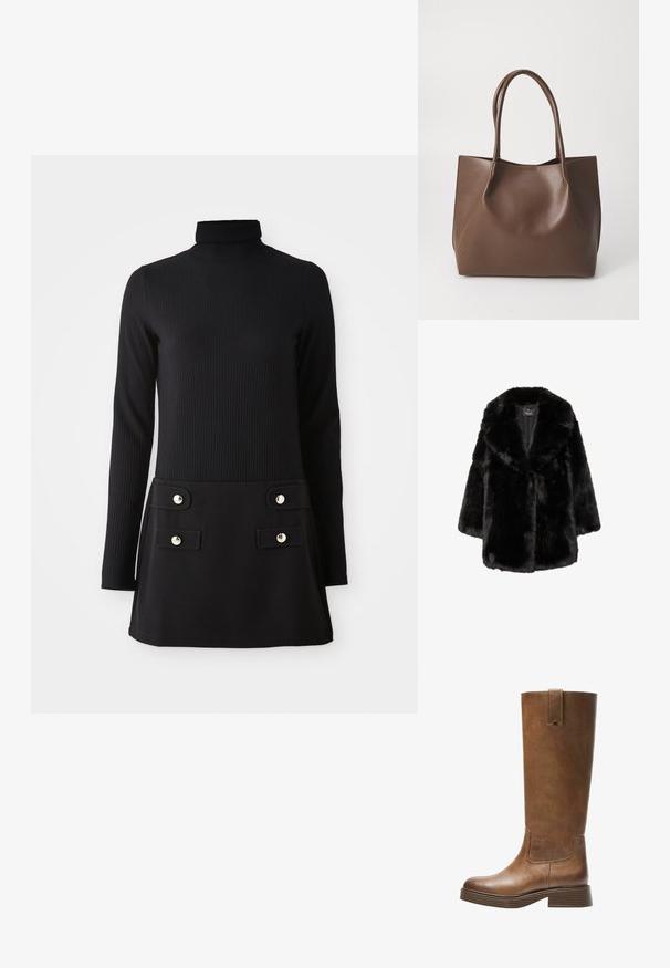Schwarzer Kunstfellmantel mit breitem Kragen und langen Ärmeln, entworfen für Wärme und Stil, präsentiert auf einem weißen Hintergrund.; Schwarzes, geripptes Rollkragenkleid mit langen Ärmeln, das einen taillierten Oberteil und einen ausgestellten Rock mit zwei vorderen Taschen und goldfarbenen Knöpfen hat.; Braunes Leder-Knöchelhochstiefel mit abgerundetem Zeh, strukturiertem Obermaterial und niedrigem, gestapeltem Absatz. Verfügt über ein seitliches Einsätzen und eine Ziehschlaufe an der Oberseite.; Braune Leder-Tote mit zwei langen Tragriemen, strukturiertem Shape, glatter Textur und minimalistischem Design. Keine sichtbaren Beschläge oder Akzente.