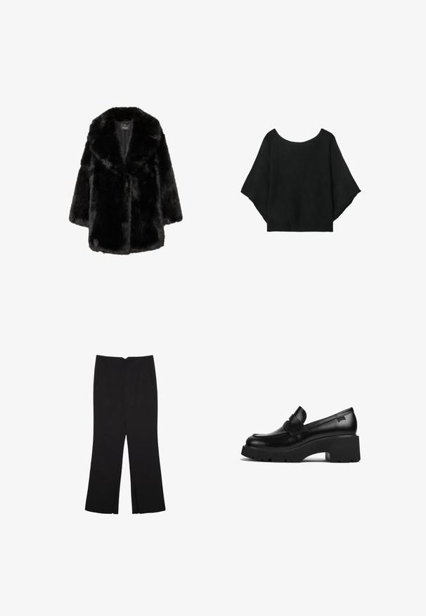 Crni kaput od umjetnog krzna s širokim ovratnikom i dugim rukavima, dizajniran za toplinu i stil, prikazan na bijeloj pozadini.; Crna pletena majica s širokim rukavima, izrezom u obliku suze i opuštenim krojem. Tkanina ima rebrastu teksturu, bez kopčanja ili uzoraka.; Crne hlače ravnog kroja, s prednjim džepovima i bočnim prorezima na rubu. Izrađene od mekog i glatkog materijala. Pogodne za razne prigode.; Crna kožna loaferica s debelim potplatom i chunky petom, s trakom preko gornjeg dijela, prikazana sa strane na bijeloj pozadini.