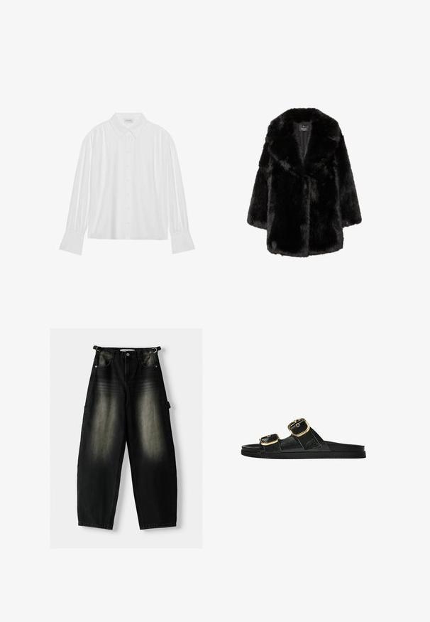 Czarny płaszcz z futra ekologicznego z szerokim kołnierzem i długimi rękawami, zaprojektowany dla ciepła i stylu, wyeksponowany na białym tle.; Biała bluzka z długim rękawem, posiadająca kołnierzyk, z przodem zapinanym na guziki oraz plisowanym wykończeniem przy ramionach i rękawach. Gładki materiał.; Luźne czarne dżinsy z wyblakłą fakturą, pięcioma kieszeniami i pętlą w pasie. Design wyróżnia się luźnym krojem i prostymi nogawkami.; Czarne klapki z dwoma złotymi klamrami, gładki materiał, płaska podeszwa i minimalistyczny design.