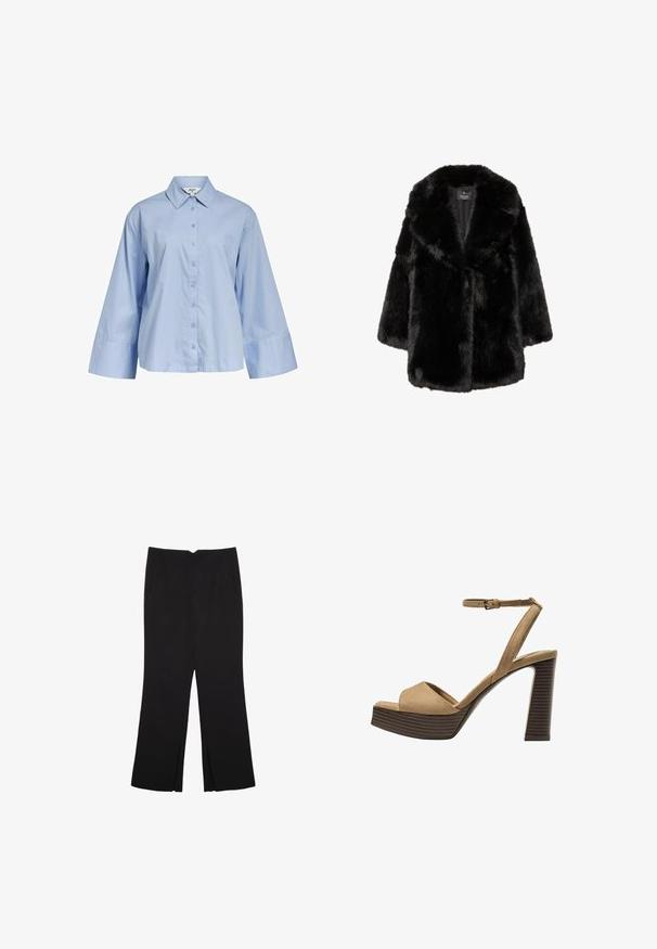 Crni kaput od umjetnog krzna s širokim ovratnikom i dugim rukavima, dizajniran za toplinu i stil, prikazan na bijeloj pozadini.; Object LOOSE FIT - Bluza s gumbima - serenity; Crne hlače ravnog kroja, s prednjim džepovima i bočnim prorezima na rubu. Izrađene od mekog i glatkog materijala. Pogodne za razne prigode.; Beige suedirane sandale s visokim potpeticama, širokom prednjom trakom i trakicom oko gležnja, s debelom drvenom blok-potpeticom s teksturiranim završetkom.