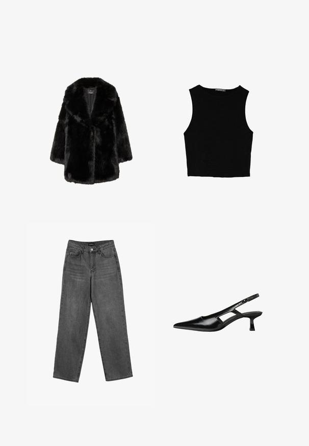 Mustat tekoturkishatti, jossa on leveä kaulus ja pitkät hihat, suunniteltu lämmittämään ja tyyliin, esillä valkoista taustaa vasten.; Musta hihaton crop-top, joka on valmistettu sileästä kankaasta, jossa on pyöreä kaula-aukko ja siisti, yksinkertainen muotoilu ilman kuvioita tai varusteita.; Musta korkeavyötäröinen suora lahje farkut etupainikkeella ja taskuilla, esitelty valkoisella taustalla.; Mustat lakatut nahkakengät, joissa on viistopää, leikattu sivusuunnassa ja pieni neliökoroke. Sujuva pinta, jossa on minimaalinen koristelu.