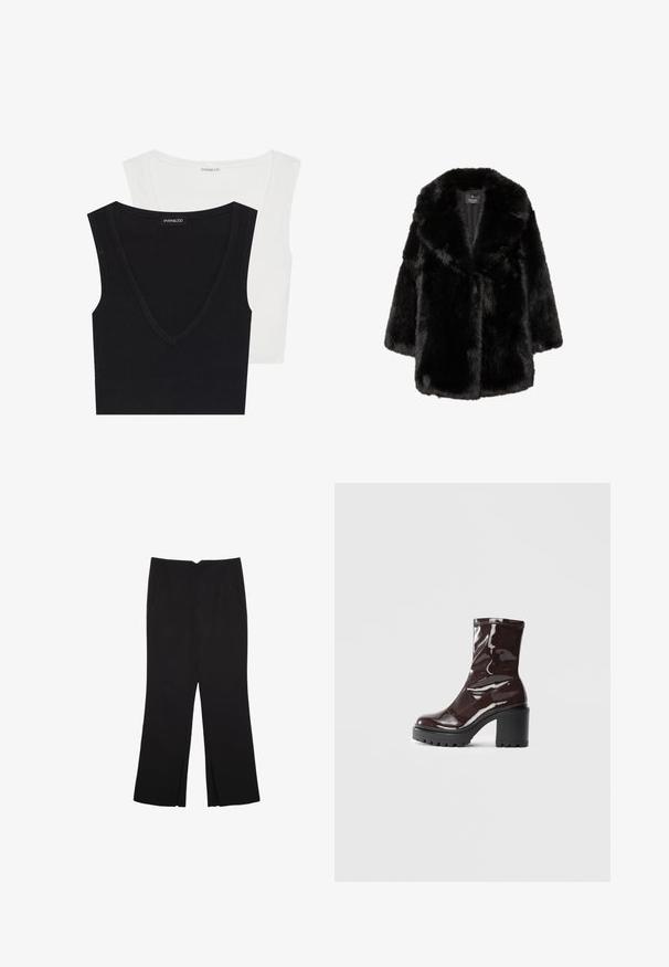 Črn plašč iz umetnega krzna s širokim ovratnikom in dolgimi rokavi, zasnovan za toploto in slog, prikazan na beli podlagi.; Dva brezrokavnika iz rebraste tkanine v črni in beli barvi. Obe imata V-izrez in mehak material. Oznaka je vidna na črnem topu.; Črne hlače ravnega kroja z naglavnimi žepi in stranskimi razporki na robu. Narejene iz mehke, gladke tkanine. Primerne za različne priložnosti.; Sijajan škrlatank z bleščečim videzom, z masivnim črnim peto, ki se ponaša z gladko teksturo in preprostim dizajnom. Brez vidnih zapenjal ali vzorcev.