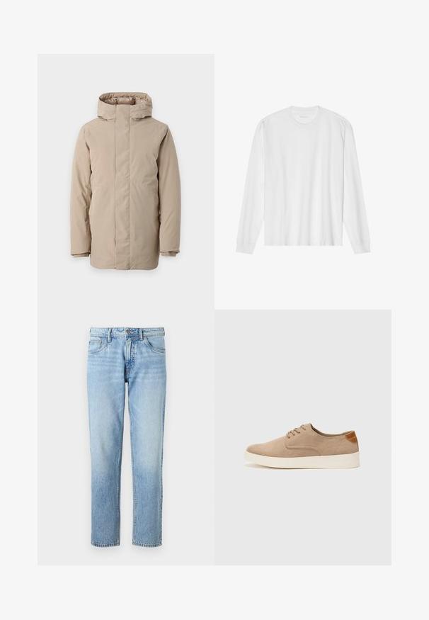 Beżowa kurtka puchowa z wysokim kołnierzem, długimi rękawami i stonowanym designem. Wykonana z gładkiego materiału o wodoodpornym wykończeniu.; Biała bawełniana koszulka z długim rękawem z okrągłym dekoltem i ściągaczami. Prosty, nieozdobny design, charakteryzujący się gładką fakturą i standardowym krojem.; Jasnoniebieskie dżinsy z prostymi nogawkami, pięcioma kieszeniami, wyblakłą fakturą oraz klasycznym zapięciem na guzik i suwak.; Beżowe zamszowe sneakersy z okrągłym noskiem, sznurowanym przodem i teksturowanym akcentem na tyle. Biała gumowa podeszwa tworzy kontrast. Prosty i nowoczesny design.