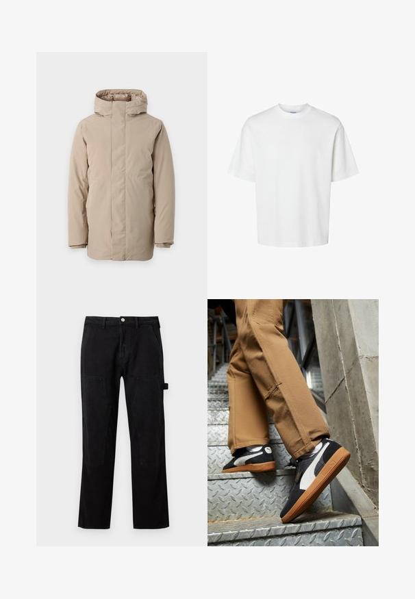Giacca puffer beige con colletto alto, maniche lunghe e design aerodinamico. Realizzata in tessuto morbido con finitura resistente all'acqua.; T-shirt bianco in cotone con maniche corte, scollo rotondo e vestibilità rilassata. Texture liscia senza pattern o dettagli visibili.; Pantaloni neri in cotone con gamba dritta, caratterizzati da dettagli con toppe alle ginocchia, chiusura con bottone e tasche laterali. Texture liscia, design minimal.; Sneaker in suede nero e grigio con dettagli bianchi e suole in gomma color miele, indossati su pantaloni beige mentre si sale su scale metalliche.