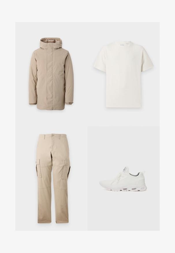 Beige pufferjakke med høy krage, lange ermer og strømlinjeformet design. Laget av glatt stoff med en vannavvisende finish.; Hvit T-skjorte med kort erm i ribbestrikket tekstur. Rund hals, avslappet passform, ingen synlige mønstre eller detaljer. Enkelt og allsidig design.; Beige cargo bukser laget av bomull, med rett ben-design, flere sidelommer og knappelukking. Jevn tekstur generelt.; Hvite atletiske sko med et teksturert strikket overdel, flate snører og en polstret såle med synlige luftkamre for ekstra støtte.